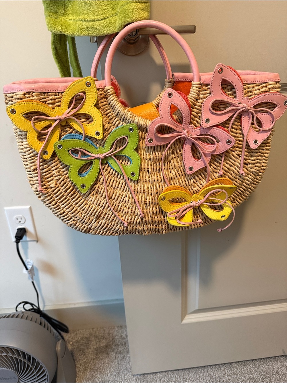 Michael Simon Woven Straw Tote with Pink, Yellow & Green Butterflies